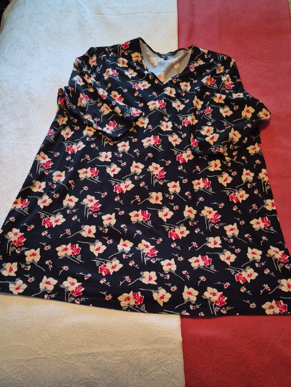 Ulla Popken Black Floral Scoop Neck Top with Pink and Cream Blossoms
